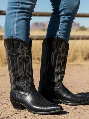 Vintage Dan Post Teju Lizard Cowboy Boots Black Women's 7.5 M